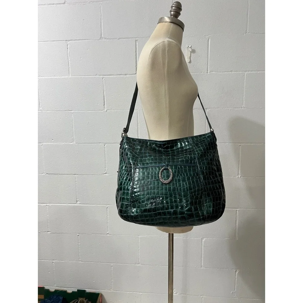 Brighton Collection Green Croc Embossed Patent Leather Crossbody Shoulder Bag